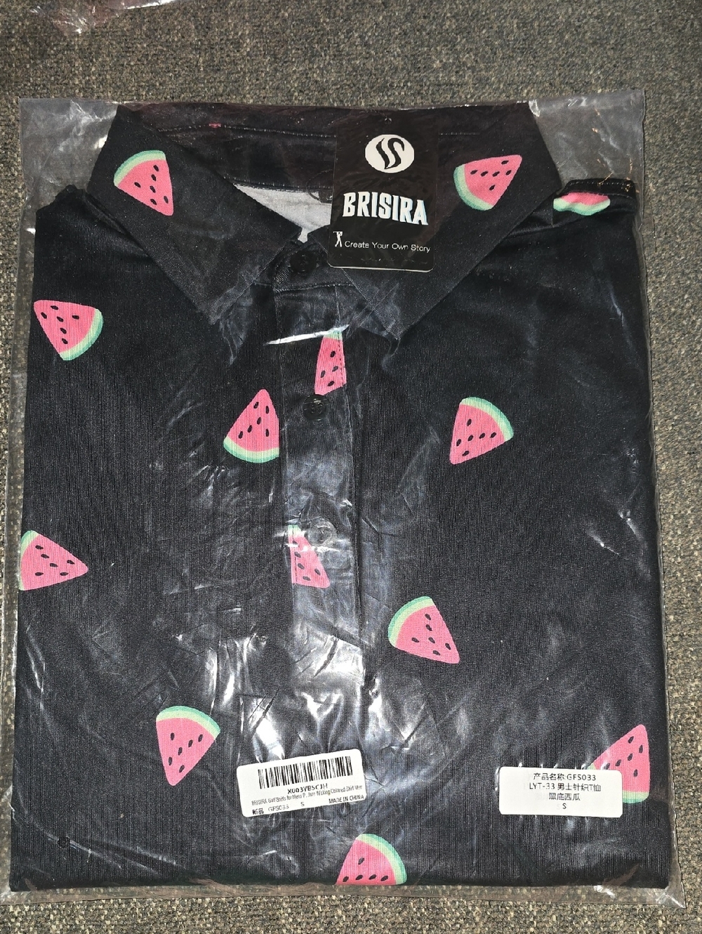 Men's Brisira Golf Shirt- Black Shirt with Pink Watermelon Print